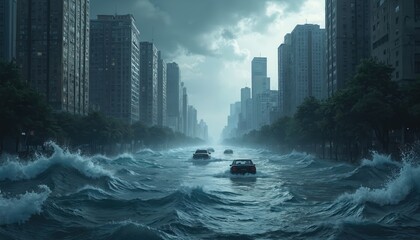 Illustration of flooded city with cars on the streets. Tsunami aftermath natural disaster, climate change, extreme weather. Environmental issues concept with buildings in background.