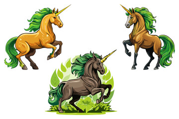 Fototapeta premium Unicorn horse mythological animal from myth, legendary mythical creature, horse with one horn, beautiful fairy tale unicorn horse with mane and tail, wild stallion, set