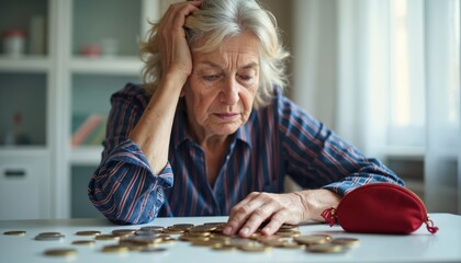 Elderly woman counting coins with worried expression. Financial troubles concept. Poor senior person with hand on head, looking at money. Retirement, poverty, economic crisis, financial difficulties