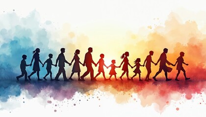 Watercolor banner illustration silhouettes representing various age groups. Celebrating family bonds, care, understanding across generations. Hand-drawn art in watercolour, people holding hands,