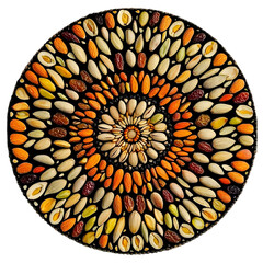 mandala pattern made entirely from dry fruits pistachios, almonds, dates, raisins arranged in circular symmetry, shot from top with precision detail, earthy spiritual vibe, isolated on transparent bac