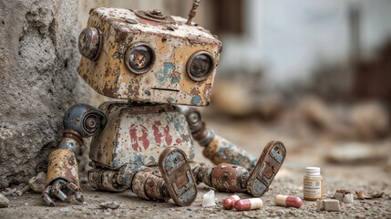 Rusty Robot with Pills in Alleyway