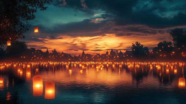 Many floating candles on water at sunset.