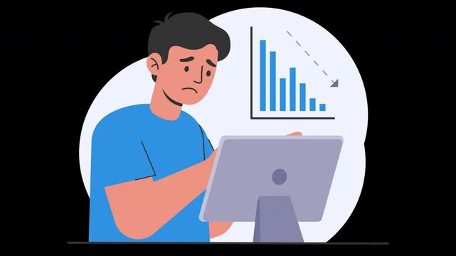 Animation of a sad businessman looking at a declining financial chart. Ideal for illustrating losses or performance drop. Transparent Background