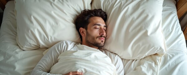Handsome man peacefully sleeps on cozy bed. Fluffy white bedding, soft pillows for rest. Peaceful, calm, serene atmosphere. Comfort, wellness, relaxation, deep sleep, good night.