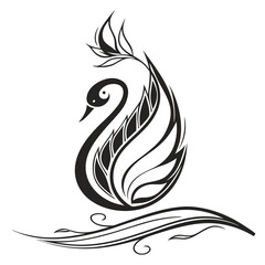 Elegant stylized swan with floral elements in black and white illustration
