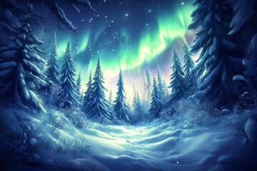 a snow-covered forest under a sky illuminated by bright green and blue northern lights