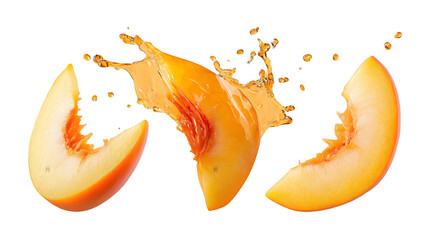 peach wedges mid-air with juicy golden-orange splashes, skin and pulp details popping, soft and refreshing, isolated on transparent background, png cutout
