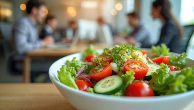 Fresh salad bowl at workplace cafeteria. Focus on colorful tomatoes cucumbers lettuce red onion. Blurred business people colleagues eating lunch. Promotes healthy eating, wellness, eco diet during