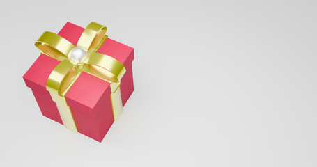 Red gift box golden ribbon top view with a white background