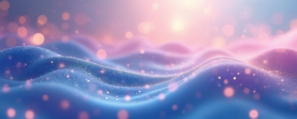Obraz premium Abstract dreamy background with wavy bokeh lights. Purple blue hues create ethereal atmosphere. Glowing trails, sparkling dots, energy of swirl, dreamlike effect for design. Ideal for creative