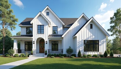 Modern farmhouse exterior luxury home with blue sky. New upscale residential building with front yard grass. Sunny bright day. Real estate property construction remodel renovation design.