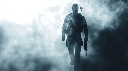 Naklejka premium Silhouette of a soldier walking through smoke, a mysterious and dramatic scene