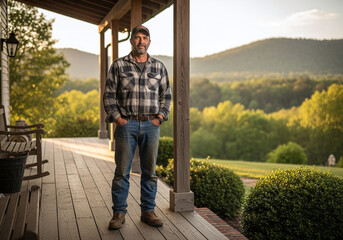 Farmer Standing on Porch with Mountain View
