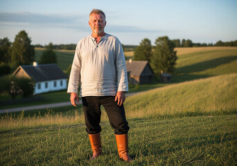 Mature Man in Traditional Clothing on Rural Landscape