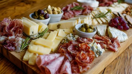 A luxurious cheese and meat platter with olives and nuts.