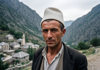 Caucasian Man in Traditional Hat, Mountain Village Background