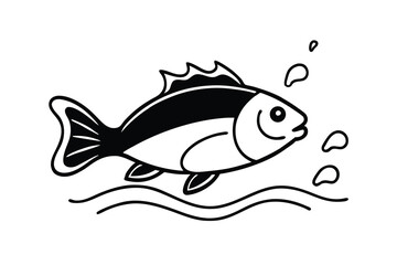 Black and white illustration of a fish swimming in the ocean