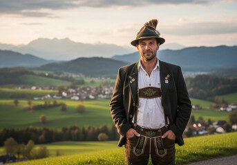 Bavarian Man in Traditional Dirndl Outfit at Sunset