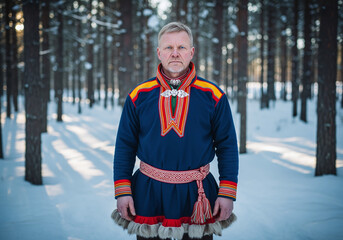 Sami Man in Traditional Clothing in a Winter Forest