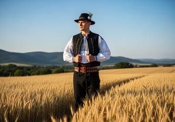 Man in Traditional Romanian Clothing in Wheat Field