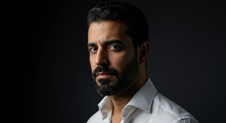 Fototapeta premium Serious Man Portrait in White Shirt Against Dark Background with Dramatic Lighting
