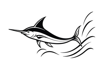 Majestic marlin leaping ocean waves black white illustration