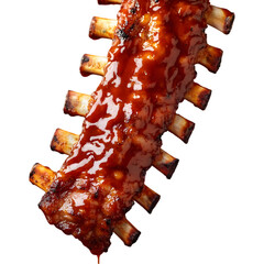 rack of tender ribs suspended in mid-air, barbecue sauce splashing out in large droplets, juicy glaze dripping down with spicy red hues, isolated on transparent background, png cutout