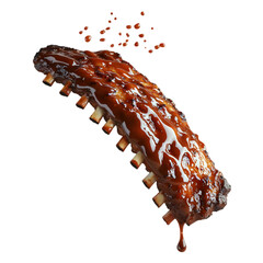 rack of tender ribs suspended in mid-air, barbecue sauce splashing out in large droplets, juicy glaze dripping down with spicy red hues, isolated on transparent background, png cutout