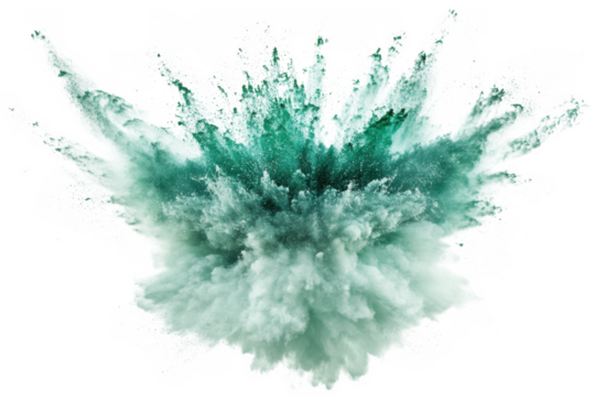 Teal powder explosion effect on white background on transparent background