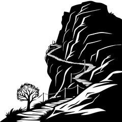 rocky cliff side mountain with narrow paths and steps