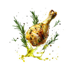 roasted chicken drumstick with rosemary and thyme herbs flying around, olive oil splashing on the meat, vivid contrast of greens and gold, isolated on transparent background, png cutout