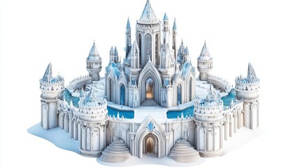 Obraz premium A majestic ice castle with intricate towers and arches, showcasing beautiful winter architecture and fantasy design.