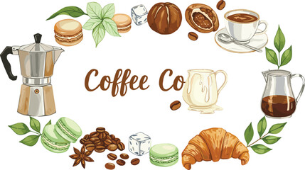 Mug, geyser coffee maker, coffee filter, sugar, macaroons, croissant, grains, milk jug, leaves. Watercolor hand-drawn round composition on