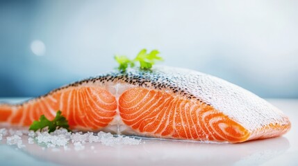 Fresh raw salmon steak garnished with parsley and sea salt on a reflective surface, ready for cooking.