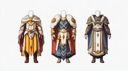 Three fantasy character costumes showcasing intricate designs and vibrant colors, perfect for storytelling and games.