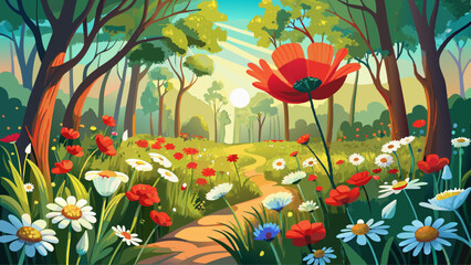Sunlit Wildflower Meadow with Blooming Red Poppies and White Daisies Under Dappled Light in a Tranquil Forest Setting