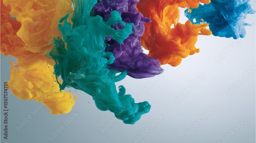 Poster Dynamic Swirls of Colorful Paints Explode Against a Soft Background, Evoking Energy and Creativity in a Fluid Composition of Bold Hues.