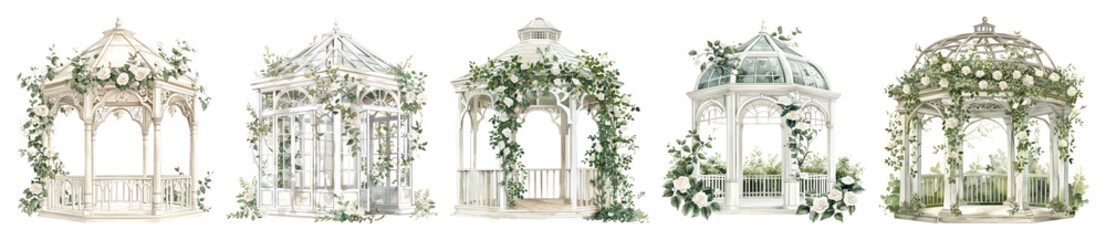 Fototapeta premium PNG Elegant floral garden gazebos illustration, element set on transparent background