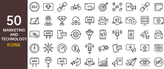 Marketing and Technology related Line Icon Set. Includes SEO, diamond, chain, bicycle, code, target, location, ads, document, megaphone, and more. Editable strokes. Vector illustrations.