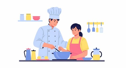 Chef Teaching Woman Cooking in Kitchen, Illustration, Food Preparation Concept
