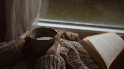 Cinematic top-down photo of a person holding a ceramic cup of herbal tea near a window on a rainy morning book and cozy wool blanket in frame, hands gently wrapped around the mug.