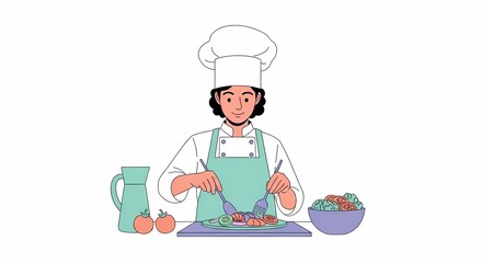 Chef Preparing Salad with Fresh Ingredients in Clean Kitchen Illustration