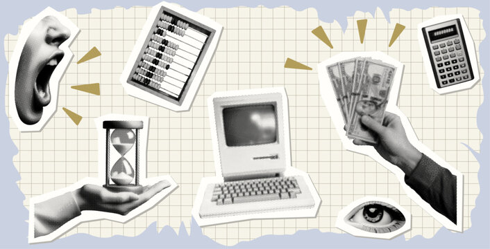money concept set with hand holding cash banknotes fan abacus calculator old computer shouting mouth eye hourglass isolated retro halftone dotted collage cut-out element finance time technology design