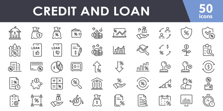 Loan icon set. Loan approval, stocks, Interest Rate, Investment Plan, Percentage Diagram and more. Banking, money, finances and payment related icons. Vector