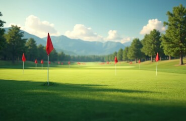Obraz premium Golf course with red flags, green grass under blue sky with mountains. Golfing sport at sunny day, nature landscape, leisure activities, outdoor sport.