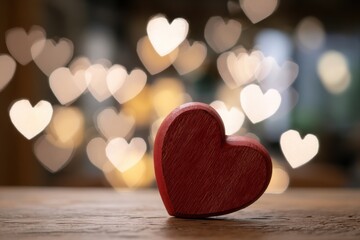 Red Wooden Heart on Rustic Table with Bokeh Heart Background Romantic Valentine s Day