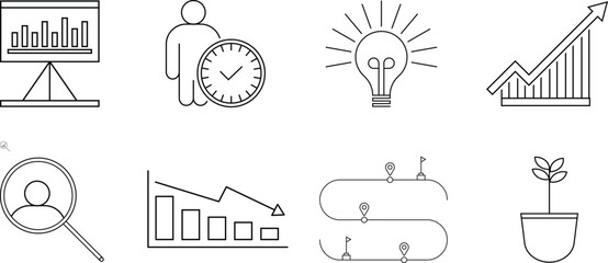 Minimal Business Line Icon Set Data Growth Time Idea and User Interface Symbols