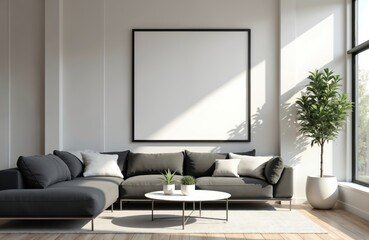 Modern living room interior with blank wall decor. Empty frame for product presentation mock up. Gray sofa with pillows, white round table. Home office design with plants, window sunlight.
