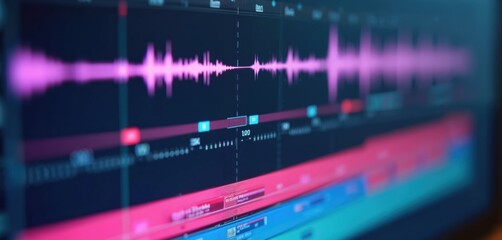 Video editing software interface on computer screen with sound waves displayed. Application for creating video content. Timeline, audio track, visual waveform. Cinematography tech concept.